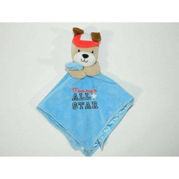 Okie Dokie Mommy's All Star Rattle Puppy Dog Security Blanket Blue Satin Velour - Picture 2 of 6